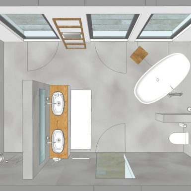 badplanung, visualisierung, bad, wanne, waschtisch, private-spa, freistehende wanne, doppelwaschtisch, holz, beton wand, fugenlos, Boden, Wände
